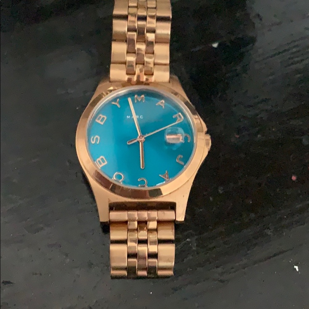 Marc Jacobs rose gold watch with turquoise face